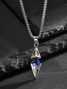 Modischer unisex blauer Stein Anhänger Halskette mit Edelstahlkette, geometrisches Design, Geschenk für Freund/Freundin, Party Accessoire, Sommerfashion - Verschiedenfarbig - Übersicht 5