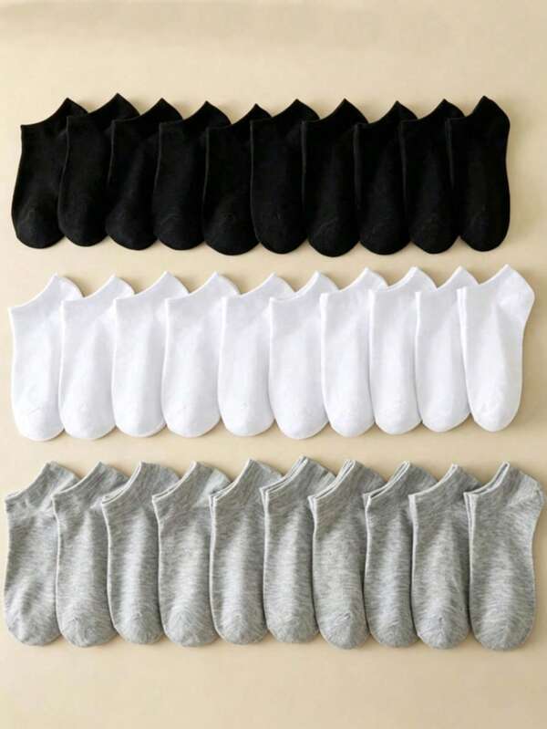 60pcs/30pcs/24pcs/20pcs/18pcs/2pcs Neutral Socks, Sports Socks, White/Black/Grey Ankle Socks, Invisible Socks, Solid Color Minimalist Fashion, Suitable For Daily Casual Wear 1/3/5/10/15/20/30 Pairs