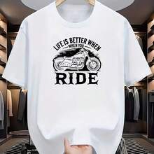 Camiseta de verano casual para hombre estilo europeo americano con estampado de motocicleta, material 100% algodón, estilo retro americano, - forma - Ver 1