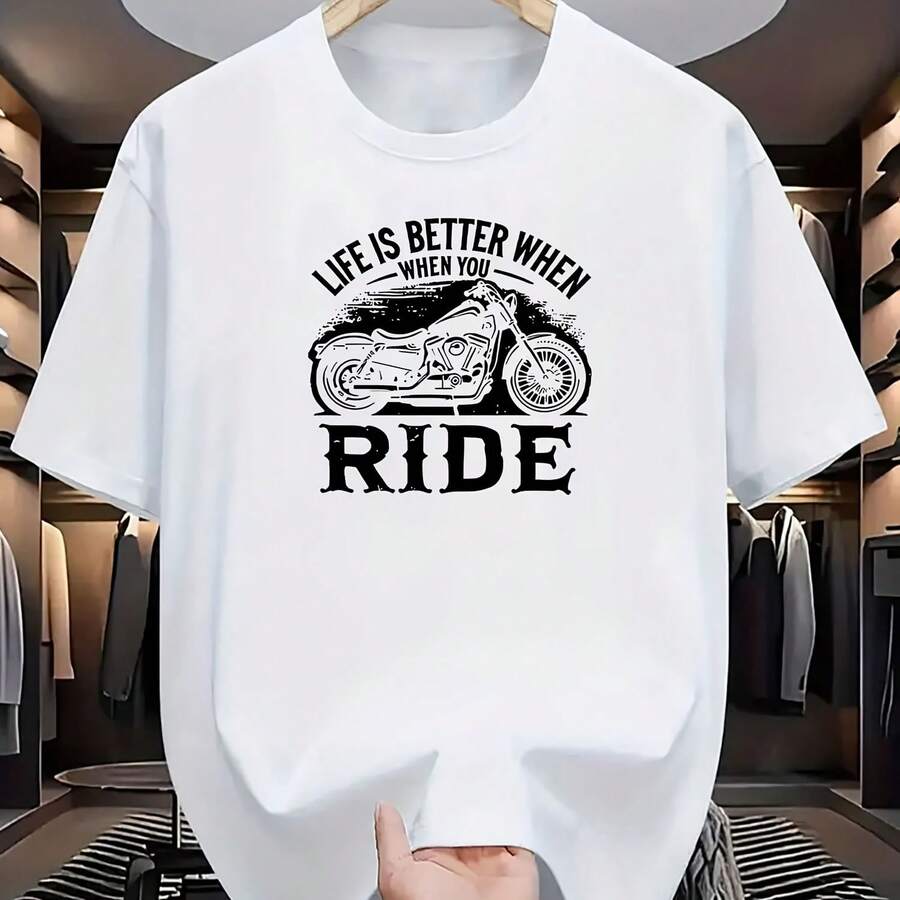 Camiseta de verano casual para hombre estilo europeo americano con estampado de motocicleta, material 100% algodón, estilo retro americano, - forma - Ver 1