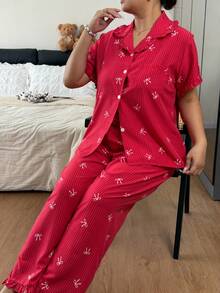 Women's Cute & Stylish Printed Soft Pajama Set, Short Sleeve Button Collar Cropped Top & Long Pants, Soft Skin-Friendly Loungewear, Loose Slimming Fit, Machine Washable & Easy Care, Simple Versatile Style For Home & Casual Wear, Suitable For Daily Outings - Multicolor - View 6