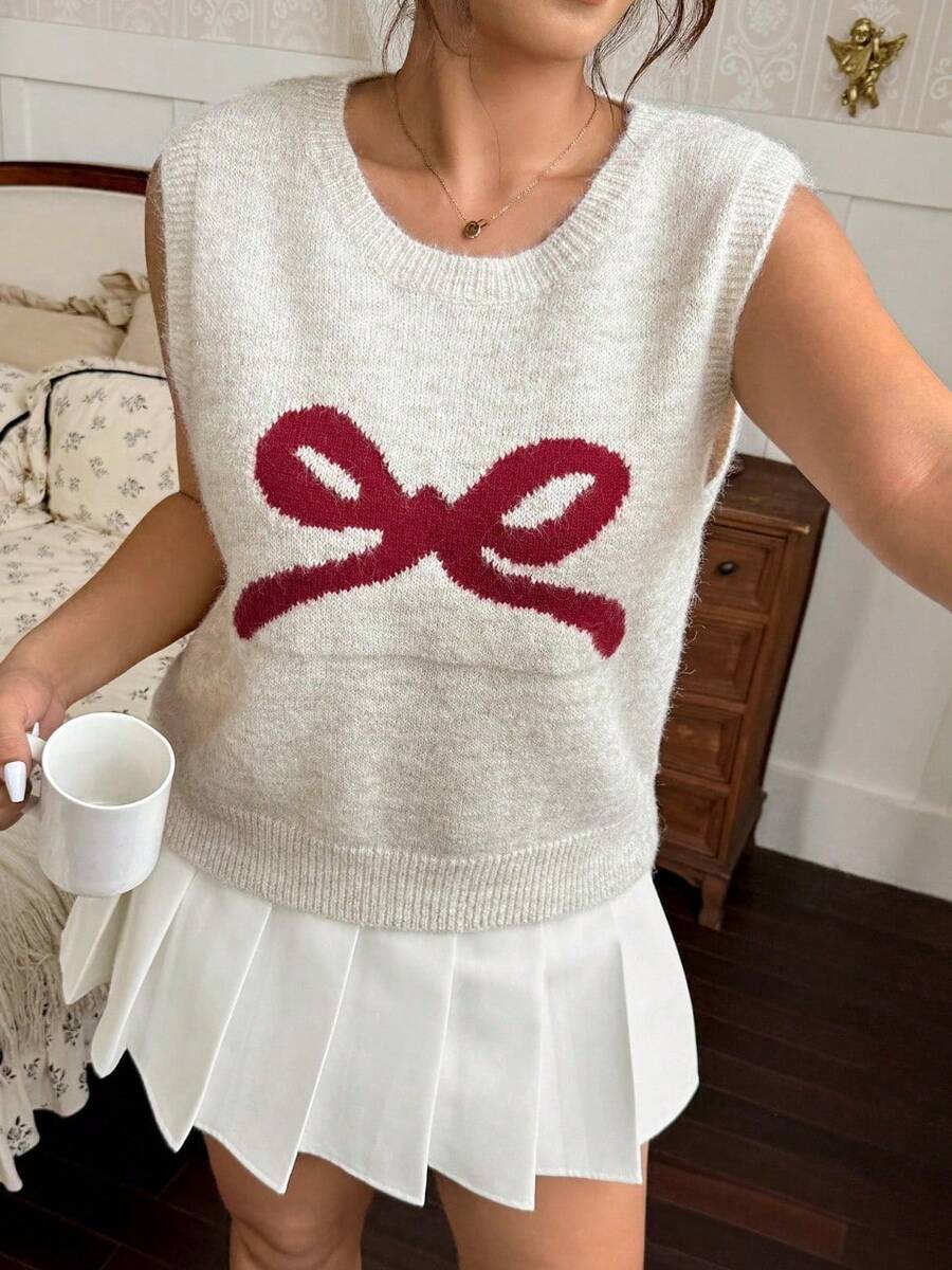 Plus Size Women's Knit Bow Decor Sleeveless Knit Sweater Vest Plus Size Loose Layered Winter Pullover - Apricot - View 1