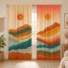 2pcs Mid-Century Rainbow Mountain Sun Semi-Sheer Curtains 90GSM Privacy-Protect Polyester, Easy Install, Quick-Dry & Fade-Resistant, Lightweight Washable. Great Decor/Room Dividers For Bedroom, Kitchen & Home. - Multicolor - View 10