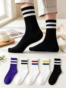 5 Pairs Unisex American Retro Double Stripe Mid-Calf Socks, Pure Cotton Vertical Stripe Socks, Street Style Couple Sports Socks - Multicolor - View 1