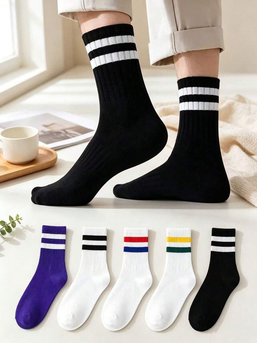 5 Pairs Unisex American Retro Double Stripe Mid-Calf Socks, Pure Cotton Vertical Stripe Socks, Street Style Couple Sports Socks - Multicolor - View 1