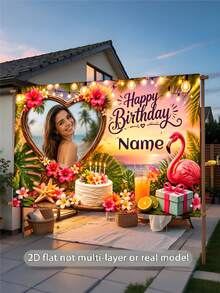 Customizable Photo & Name Summer Sunset Hawaii Theme Happy Birthday Backdrop, Pink Flamingo, Coconut Tree, Flower, Gift Box, Juice Design. Perfect For Hawaii Theme Birthday Party, Gift For Friends And Baby Shower Party. Suitable For Indoor And Outdoor Use. Vinyl Material - E - View 4
