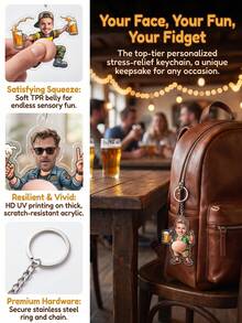 1pc Custom Photo Beer Guy Keychain, Personalized Cartoon Man Key Ring, Funny Beer Lover Fidget Keychain Gift For Men Dad Husband Bachelor Party Presen - Multicolor - View 2