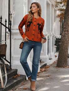 2026 Autumn/Winter Women's New Halloween Round Neck Coffee Color Long Sleeve Star & Cat Pattern Knit Cardigan - Burnt Orange - View 3