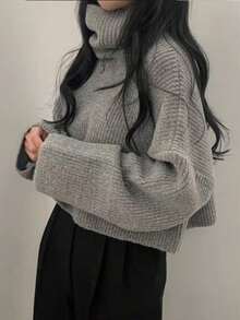 Grey Ribbed Turtleneck Cropped Sweater, Loose Slouchy Slimming Versatile Autumn/Winter Knit Top - Grey - View 6