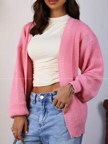 Women's Knitted Cardigan With Puff Sleeves, Elegant, Casual, Pink - Rosa - 查看 4