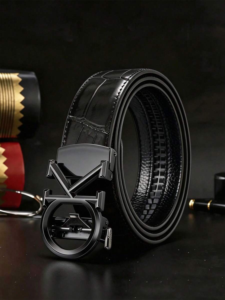 47-Inch Extended Men's PU Faux Leather Automatic Buckle Belt With Crocodile Texture, Suitable For Both Business And Casual Wear, And Can Be Paired With Formal Dress Pants. - Multicolor - View 1