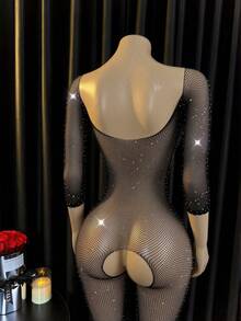 Women's Sexy Rhinestone Elastic Fishnet Cutout Bodysuit - Black - View 8