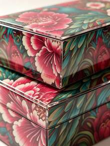 Set Of 2 Large Capacity Chinese Style Printed Glass Jewelry Box, Black Velvet Lined Rectangular Vintage Decorative Accessory Storage Organizer For Bedroom Vanity Wedding Holiday Gift - Royal Peacock & Peony Brocade - View 5