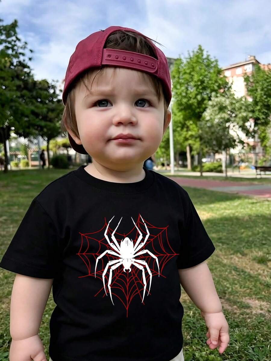 New Baby Boy Casual Top, Cartoon Spider Print Versatile Short Sleeve T-Shirt, Suitable For Spring And Summer Wear. Comfortable And Soft Fabric - Black - View 1