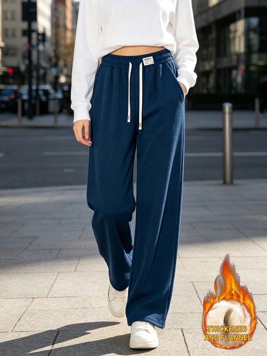 女款冬季運動長褲,保暖內裡,加厚保暖,直筒褲腿,燈芯絨,防寒,休閒,長褲,秋冬款,保暖內裡,女款運動長褲,保暖運動褲,時尚百搭,直筒長褲 - 藏蓝色 - 查看 1