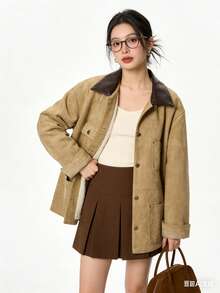 Jaket Kancing Depan Bahan Suede Beludru Gaya Gudang Vintage Maillard Warna Cokelat, Kasual Musim Dingin untuk Kampus/Kantor - Khaki - View 8