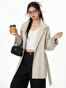 Korean Style Elegant 2026 Early Autumn New Vintage Mid-Length Leather Jacket Button-Up Top For College Office Daily Wear Spring Autumn - Apricot - View 6