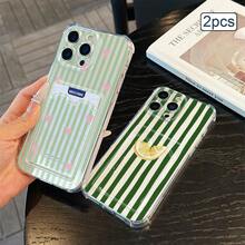 2件組條紋印花卡夾手機殼 TPU 防震全包覆精準保護套，適用於 Apple 11/12/13/14/15/16/17 Pro Max - 無色 - 查看 3