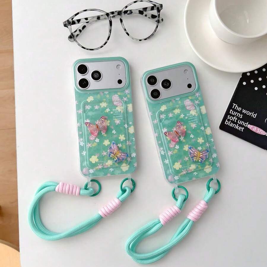 1pc Summer Green Butterfly Card Holder Phone Case With Hand Strap, Compatible With IPhone17/17 Pro Max/16 Pro Max/16 PLUS/16/15/14 PRO MAX/14/13pro/12/11
