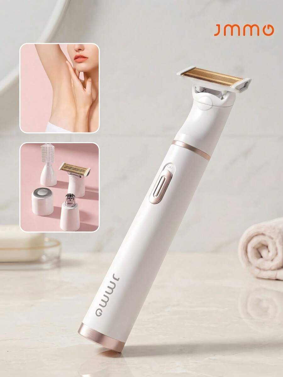 JMMO 4 In 1 Women Electric Body Hair Trimmer Kit, USB Rechargeable Waterproof Bikini Shaver, Multi Heads Facial Nose Eyebrow Leg Underarm Hair Removal Razor For Summer Home Travel Grooming - White - View 1