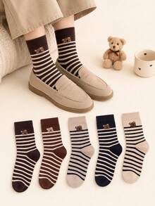 5 Pairs Maillard Vintage Coffee Brown Bear Striped Mid-Calf Socks, Casual Commute All-Season Versatile Women's Socks - Multicolor - View 3