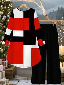 Plus Size Women's Fashion Printed Colorblock Patchwork Front Short Back Long Sleeve T-Shirt With Pockets And Long Pants 2-Piece Set Elegant - Red + Black - View 2