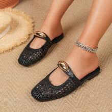 2026 Nouvelles chaussures style vacances bohème ajourées tressées artificielles respirantes à bride croisée avec boucle métallique, chaussures femme style mariage occidental décontracté ajourées à semelle plate souple grande taille, chaussures plates décontractées confortables élégantes à bande élastique perforée, légères, respirantes, convenant pour le quotidien, les courses, le bureau, la plage, le ballet et autres occasions - Noir - Voir 3
