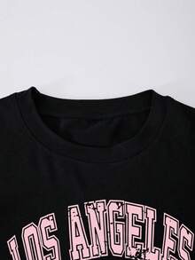 2pcs/Set Teen Letter Print Short Sleeve And Long Pants Set, Bow Ribbon Decor, Gothic, Sweet 16, Pink, Sporty And Casual Wear Y2K Girl Outfit - Black - View 3