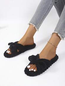 Autumn/Winter Bowknot Open-Toe Slippers, Soft-Sole Indoor House Slippers, Suitable For Wooden Floors, Spring/Autumn Corduroy Slippers, Fluffy Slippers - Black - View 3