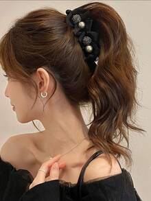 1pc Black Mesh Ruffled Hair Claw With Faux Pearl & Rhinestone Balls, Elegant Vintage Hair Claw, Sophisticated Women Hair Accessories - Black - View 4