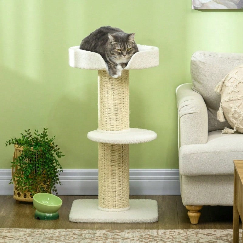 91 Cm Cat Tree With Cat Bed, Cream-Colored Sheep Wool Platform - Creamy White - View 1