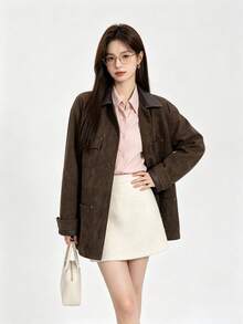 Jaket Kancing Depan Bahan Suede Beludru Gaya Gudang Vintage Maillard Warna Cokelat, Cocok untuk Pakaian Sehari-hari di Kampus/Kantor, Musim Dingin - Chocolate Brown - View 2