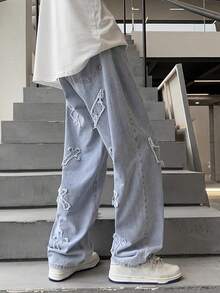 Pantalones vaqueros de mezclilla azul claro con parche bordado de relámpago desgastado para adolescentes chicos - Lavado ligero - Ver 2