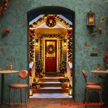2D Plane 1 Piece Of Christmas-Themed Porch Banner Background, A Warm Christmas Porch Scene With Snow Theme, Featuring Christmas Wreaths, Colored Lights, Gift Boxes, And Small Christmas Trees. No Power Supply Required. - A - View 4