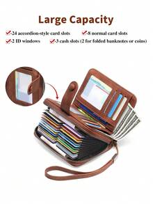 MIYIN Fashion Retro Hollow Design Credit Card Wallet, Women's, RFID Anti-Theft, Large Capacity Bifold Zipper Card Holder, With Wrist Strap, 32 Card Slots, Short Wallet, Wristlet Wallet, RFID Wallet, Suitable For Party, Shopping, Travel - Brown - View 3