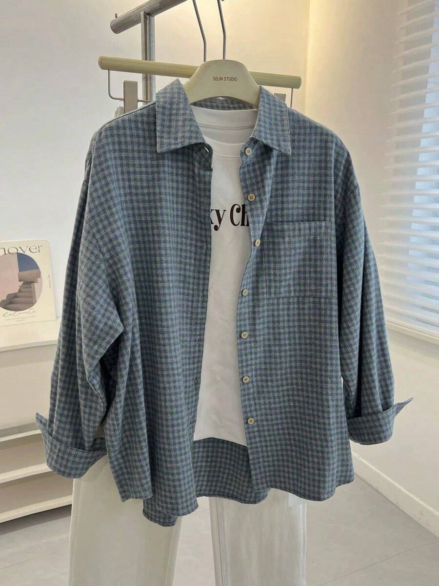 Plus Size Women's Autumn/Winter Brushed Plaid Long Sleeve Shirt - Blue - View 1