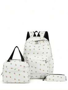 3pcs Nylon Floral Print Backpack Set, Foldable Multi-Pocket Large Capacity Zipper Backpack, Suitable For Teenagers, High School Students, College Students - Multicolor - View 3