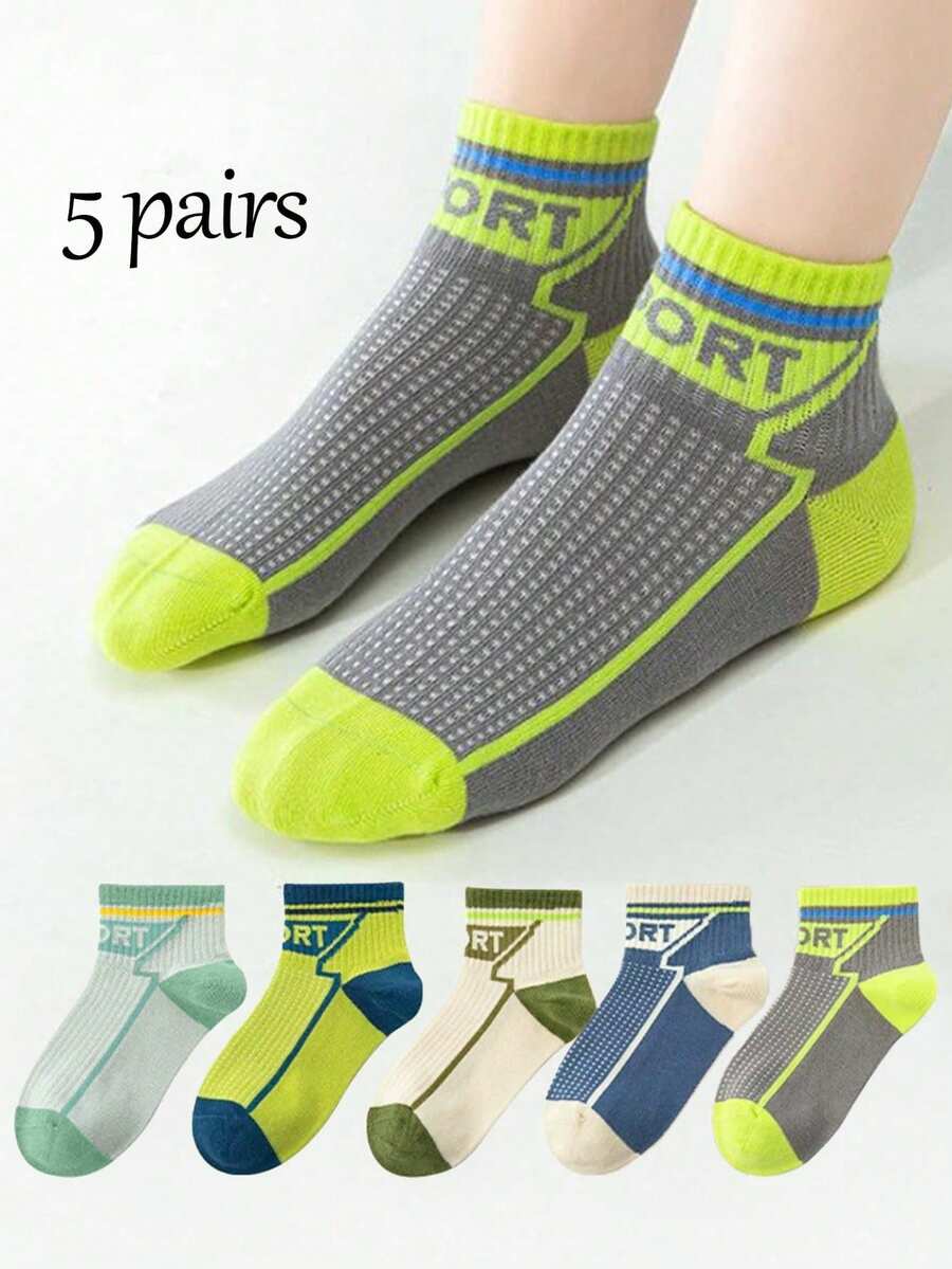 5 Pairs Children's Spring/Summer Thin Short Socks, Striped Letter ...