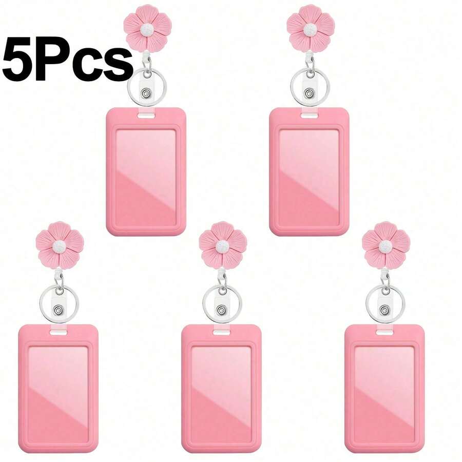 5Pcs Colorful Flower Nurse Badge Reel Retractable With ID Card Holder, Cute Resin Peach Flower Teacher Badge Reel For Women's Bus Card Holder, Keys - Multicolor - View 1