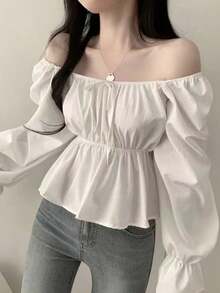 Korean Style Versatile Solid Color Chiffon Blouse, Square Collar Puff Sleeve Design, Cinched Waist Long Sleeve Elegant Top White - White - View 2