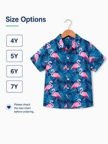 Young Boy Casual Tropical Palm Leaves & Flamingo Print Short Sleeve Shirt, Perfect For Vacation, Party, Outing, Etc. - Multicolor - View 5