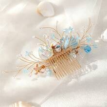 1 Buah Sisir Rambut Putri Duyung Laut, Jepit Rambut Kawat Emas Buatan Tangan Berbentuk Bintang Laut Kerang Biru Muda dengan Kristal Mutiara untuk Pernikahan Pantai dan Liburan Musim Panas - Baby Blue - View 6