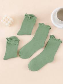 4 Pairs Unisex Mid-Calf Socks, Ruffle Cuff, Striped & Solid Color, Lightweight & Breathable, Versatile For Spring/Summer - Green - View 5