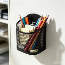 Side-Mount Creative Semi-Circular Magnetic Pen Holder, Office Desk Student Stationery Makeup Brush Metal Mesh Storage Box - A - View 3