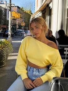Pale Yellow Cold Shoulder Loose Soft Knit Sweater For Women, French Gentle Sexy Style, Early Autumn Date, Store Visit, Daily Street Wear - Yellow - View 5