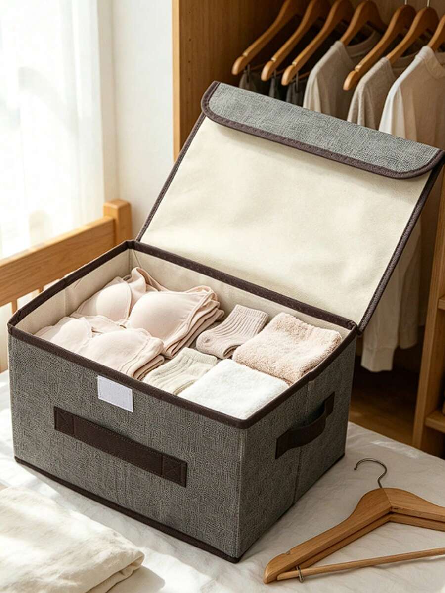 2pcs/1pc Foldable Clothes Storage Basket, Portable Storage Box For Clothes, Underwear, Socks And Other Items, Dust-Proof And Moisture-Proof Wardrobe Storage Device, Miscellaneous Storage Bag, Vanity Organizer, Dormitory Clothes, Toys, Books, Snacks And Miscellaneous Storage Tool, Linen Foldable Storage Container, Multi-Functional Home Storage Box, Clothes Organizer - Multicolor - View 1