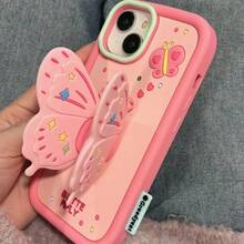 3D Cute Pink Butterfly Phone Case With Stand, Silicone Material, Compatible With Apple 12 Pro Max/11/13, Women's Style - Pink - View 2