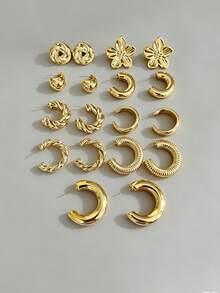 3-9 Pairs Vintage Thick Gold Earrings Set, New Fashion CCB Earrings, 9 Pairs Set Covers All Outfits - Gold - View 2