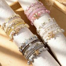 7pcs/Set Boho Multi-Layer Ocean Theme Bracelet Set, Starfish & Shell Faux Pearl Beaded Bracelets, Beach Holiday Accessories - Starfish Shell Bracelet - View 2