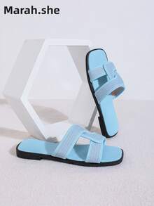 PWIIMG Women's Summer Casual Fashion Blue Flat Sandals, Elegant Square Toe Slip-On Flat Sandals For Outdoor Commute, Home, Family Party, Beach Wear, Water-Friendly, Solid Color, Beach Vacation, Elegant Casual Commute Buckle Outdoor - Baby Blue - View 2